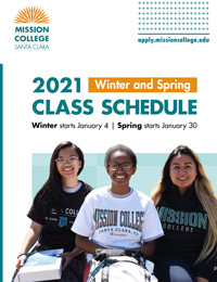 two female students in MC shirts on cover over 2021 schedule