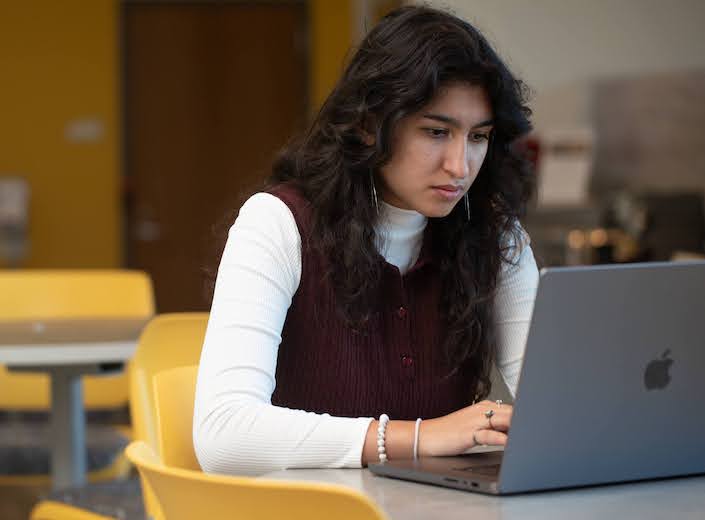 Young woman with wavy dark hair and a burgundy sweater vest over a white shirt uses a laptop in SEC building. She of Middle-Eastern background.