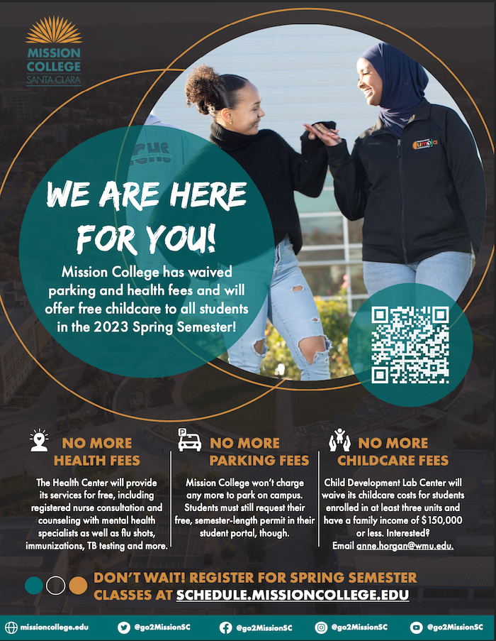 We are here for you! Mission College has waived parking and health fees and will offer free childcare to all students in the 2023 Spring Semester.
